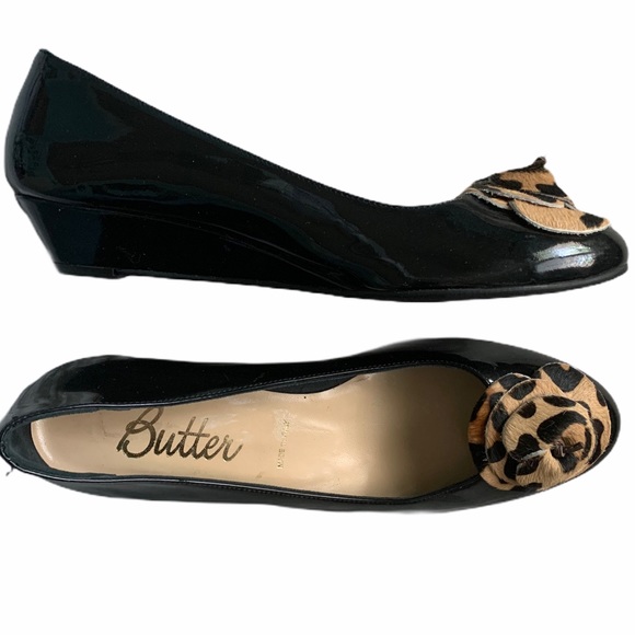 Butter Shoes Shoes - Butter black patent wedges with leopard flower